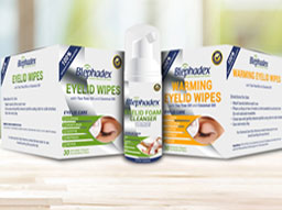 Blephadex products, eyelidwipes (in box), Eyelid foam (in canister), and Warming wipes (in box)