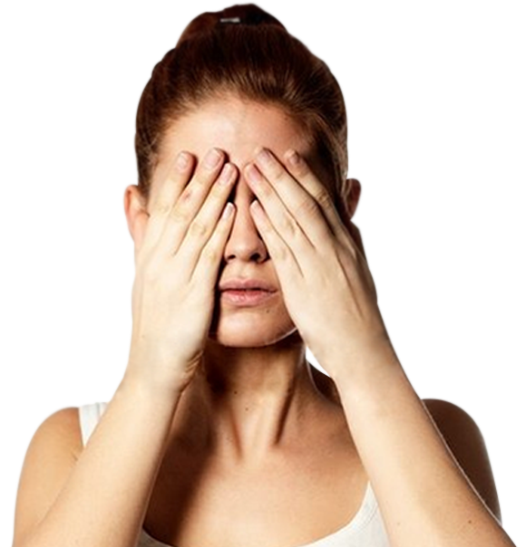 Woman with both hands over her eyes as if she is having eye troubles