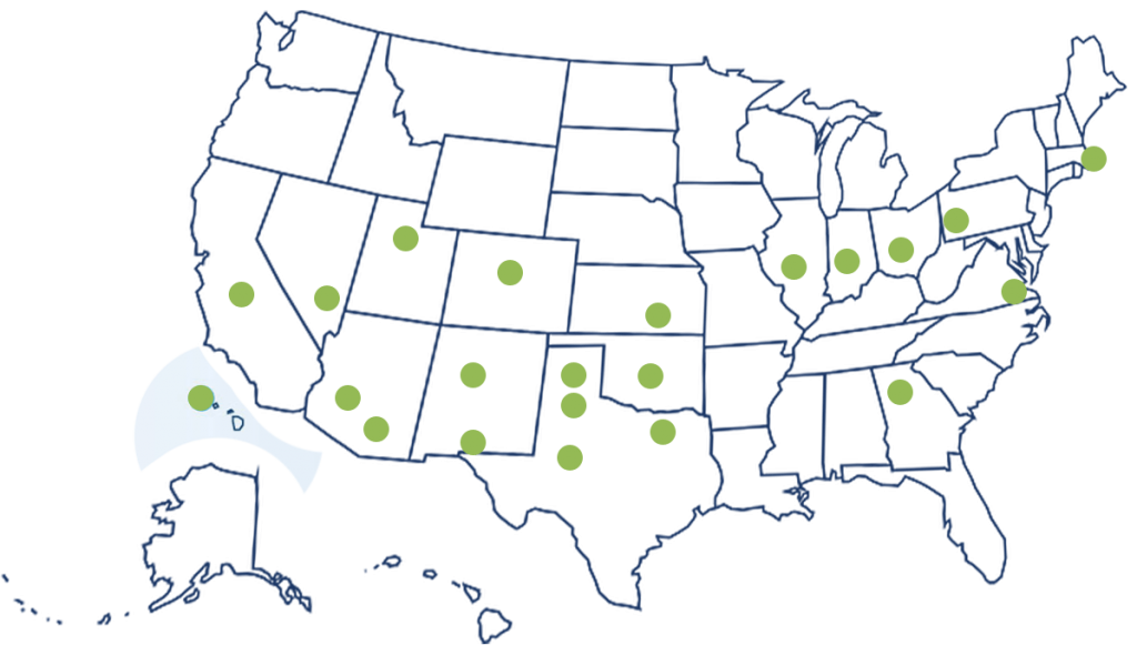 Map of the United States with green markers in Pennsylvania, Georagia, Texas (3), New Mexico (2), Arizona (2), California, Hawaii, Nevada, Utah, Colorado, Oklahoma, Kansas, Illinois, Indianna, Massachuttes, Ohio , and Virginia