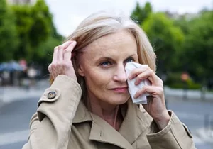 A woman in a raincoat walks on the streen and wipes her eyes with a tissue